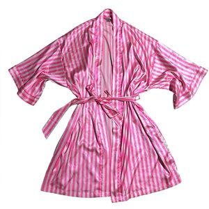 Y2K Victoria Secret Striped Satin Robe Pink White Tie Robe Small Medium